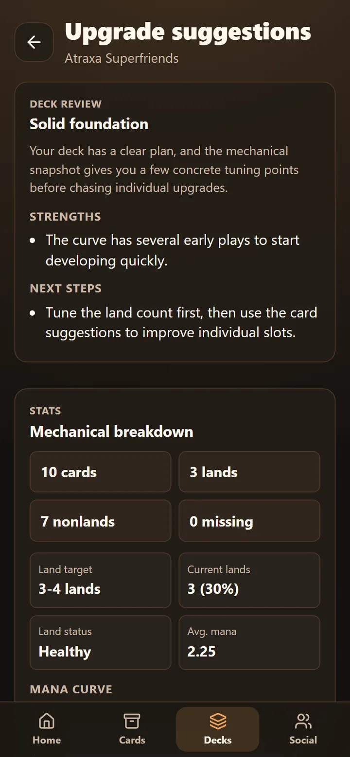AI upgrade suggestions screen with deck verdict, strengths, and mechanical breakdown