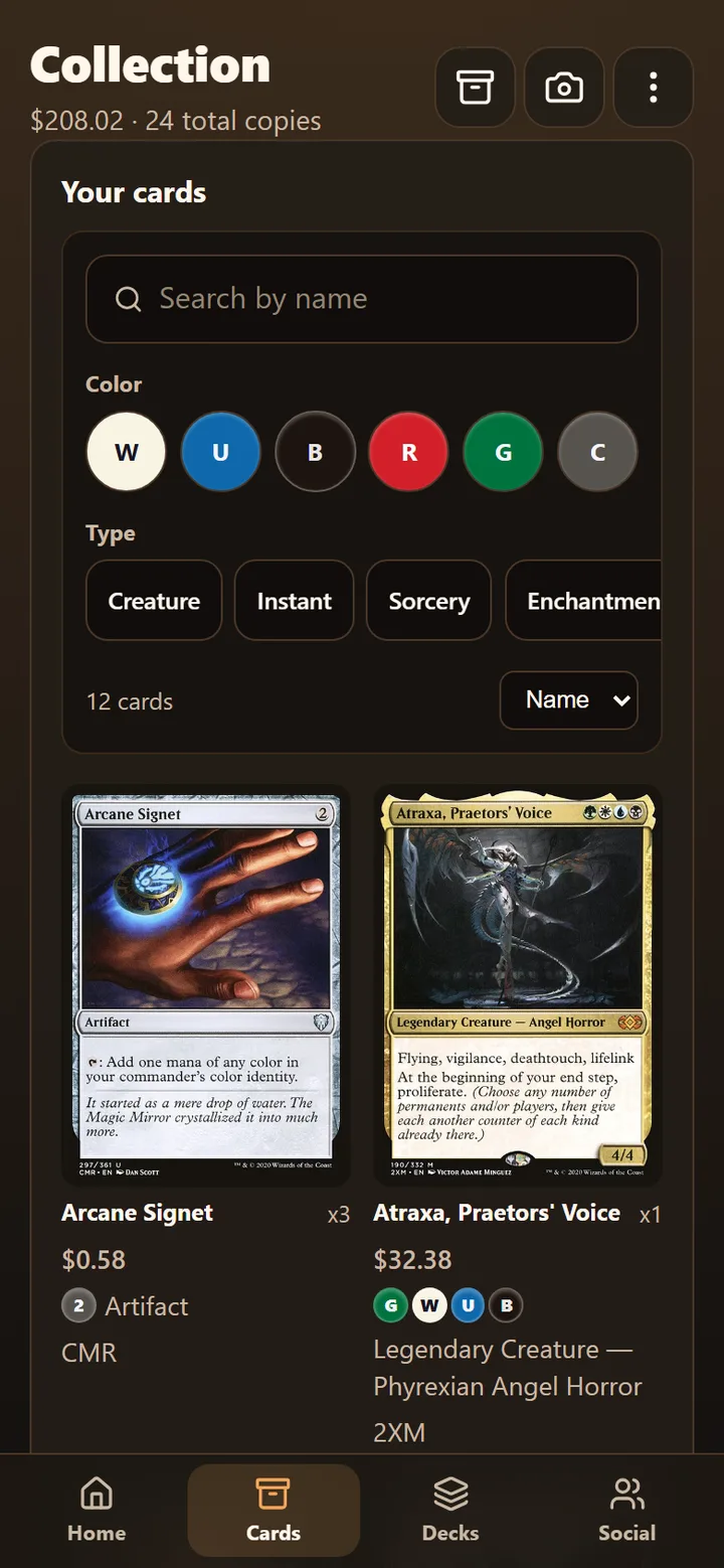 Collection screen with scanned cards, color and type filters, and card prices
