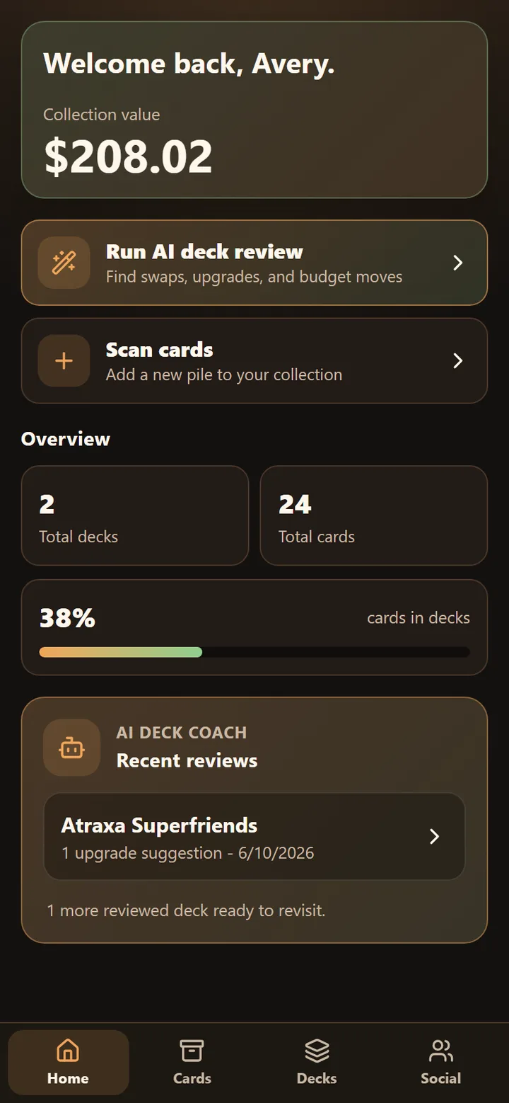 Mana Vault home screen showing collection value, scan shortcut, and AI deck coach