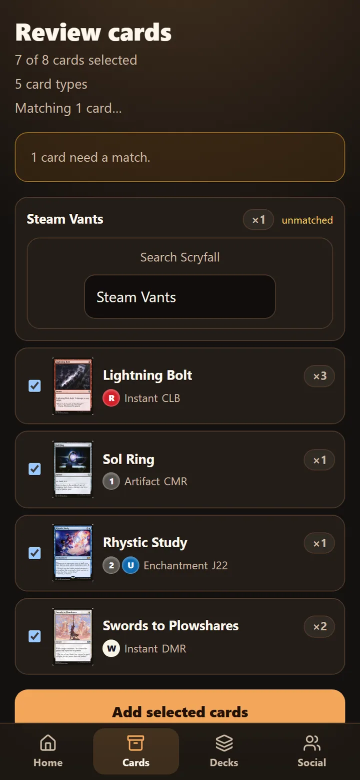Scan review screen listing detected cards with quantities and one name to fix
