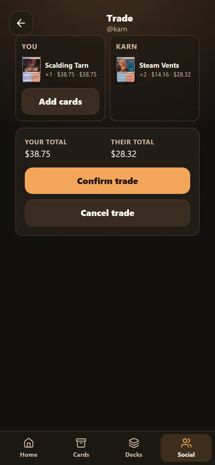 Trade room screen comparing both offers with USD totals and a confirm button